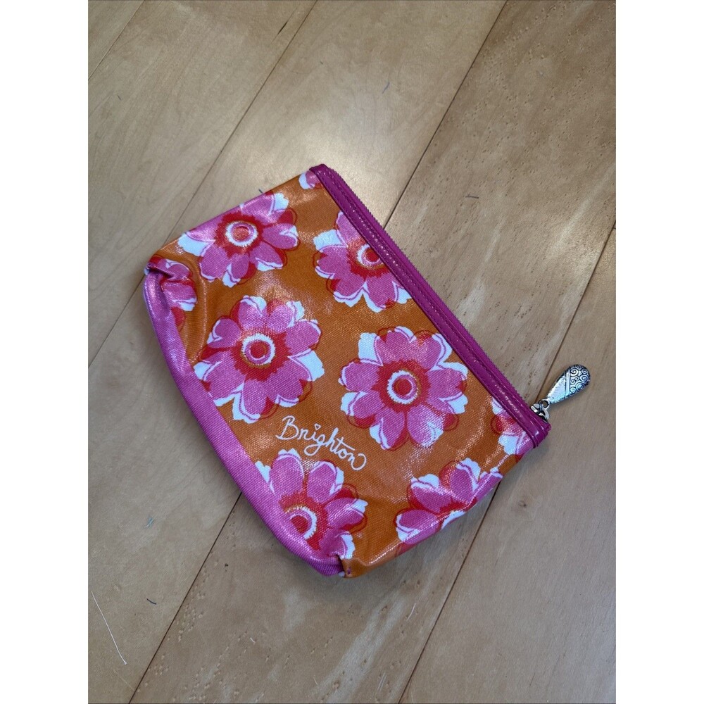 PINK FLORAL BRIGHTON waxed Canvas Makeup Bag With Silver Zipper